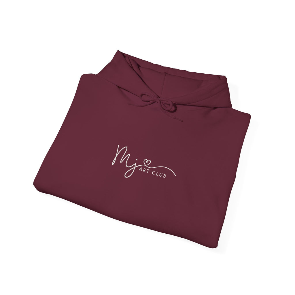 Folded maroon hoodie with text on a white background