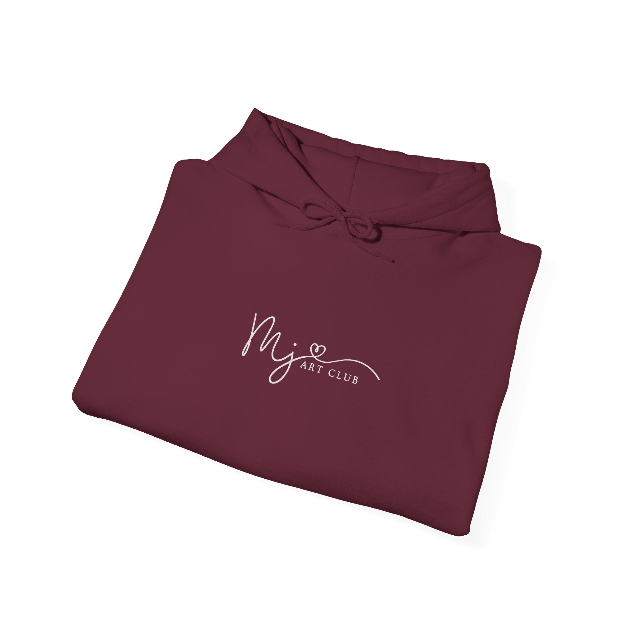 Folded maroon hoodie with text on a white background