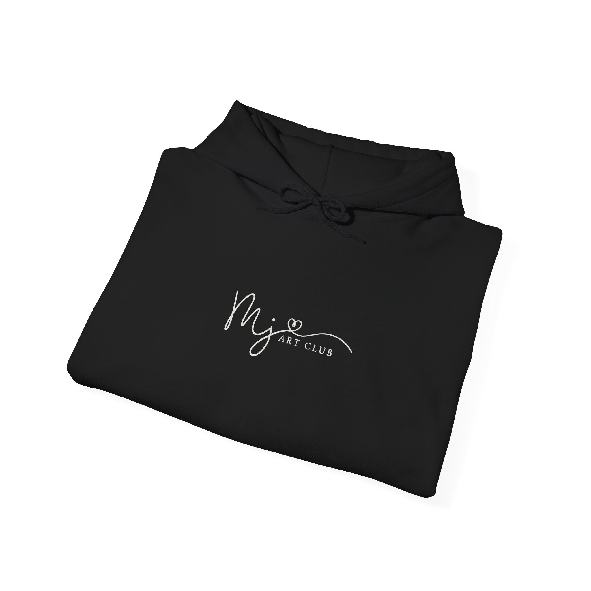 Black hoodie with 'MJ art club' text on a white background