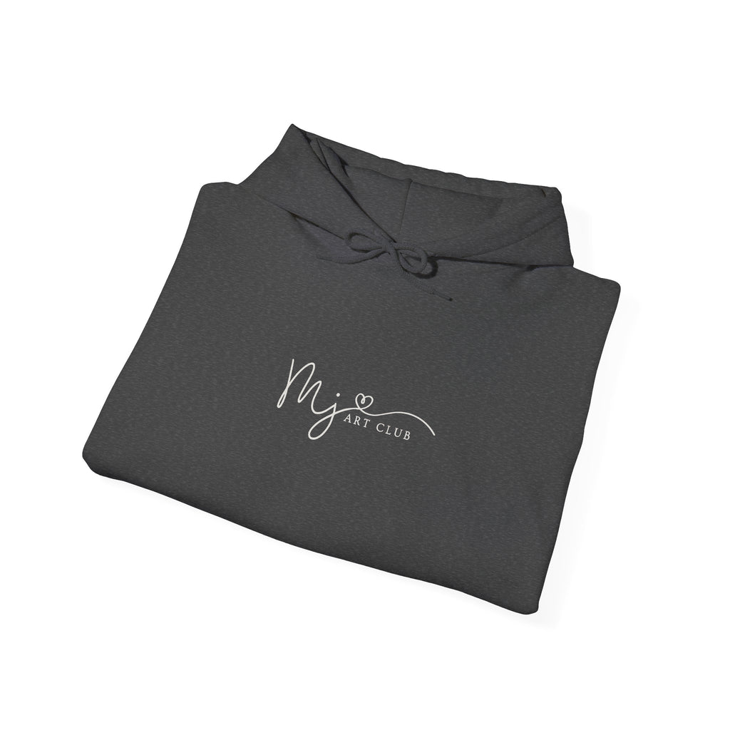 Folded gray hoodie with 'MJ ART CLUB' text on a white background