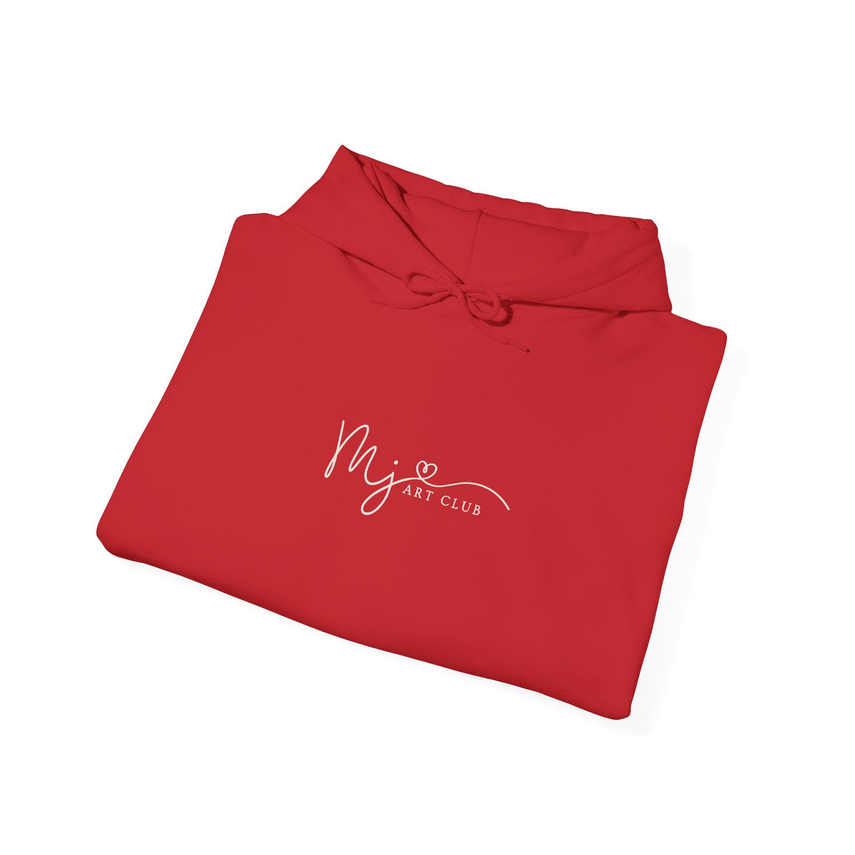 Folded red hoodie with a logo on a white background