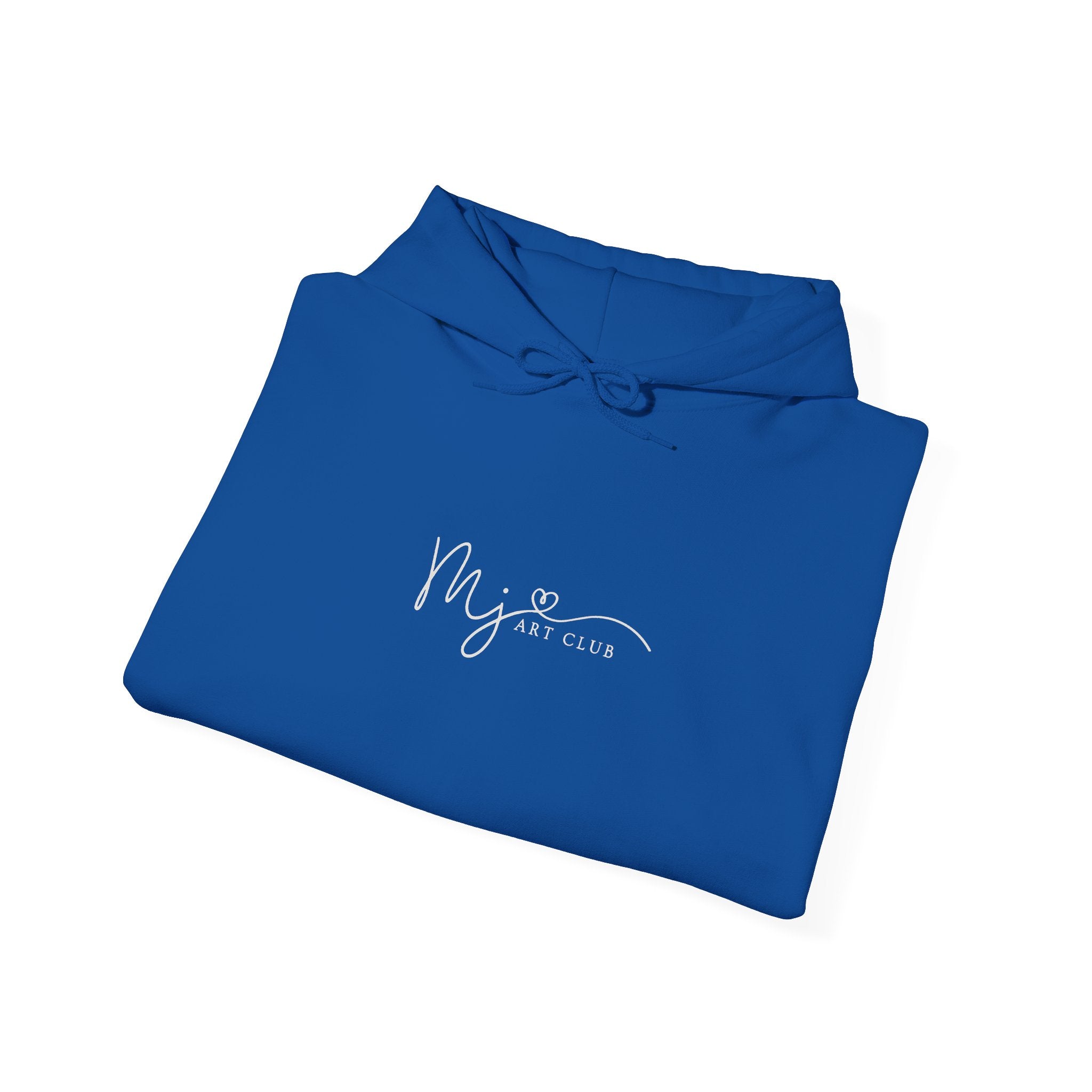 Folded blue hoodie with 'MJ ART CLUB' text on a white background