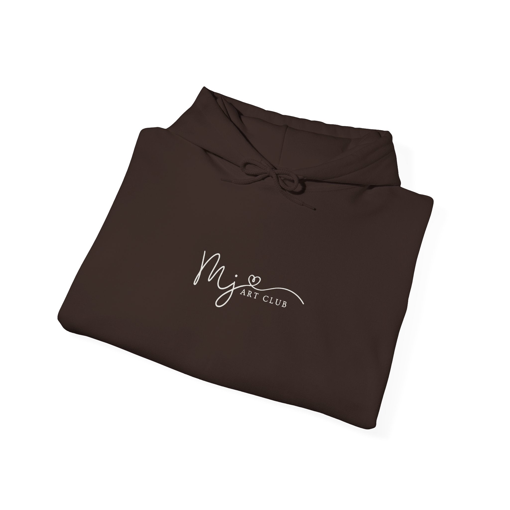 Folded brown hoodie with 'MJ ART CLUB' text on a white background