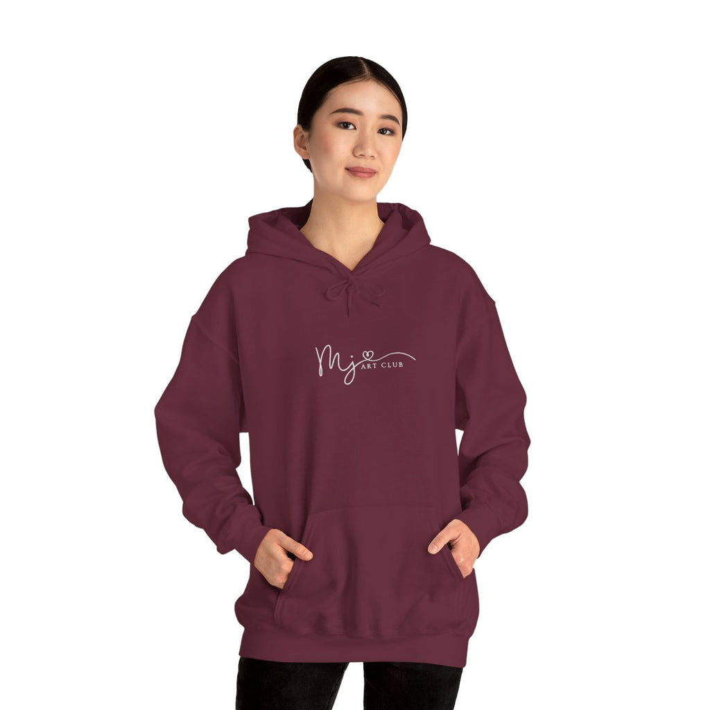 Person wearing a maroon hoodie with 'MJ ART CLUB' text on a white background