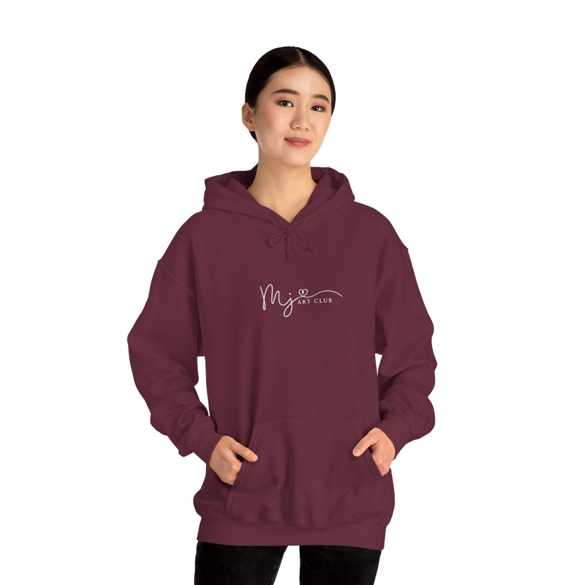 Person wearing a maroon hoodie with 'MJ ART CLUB' text on a white background