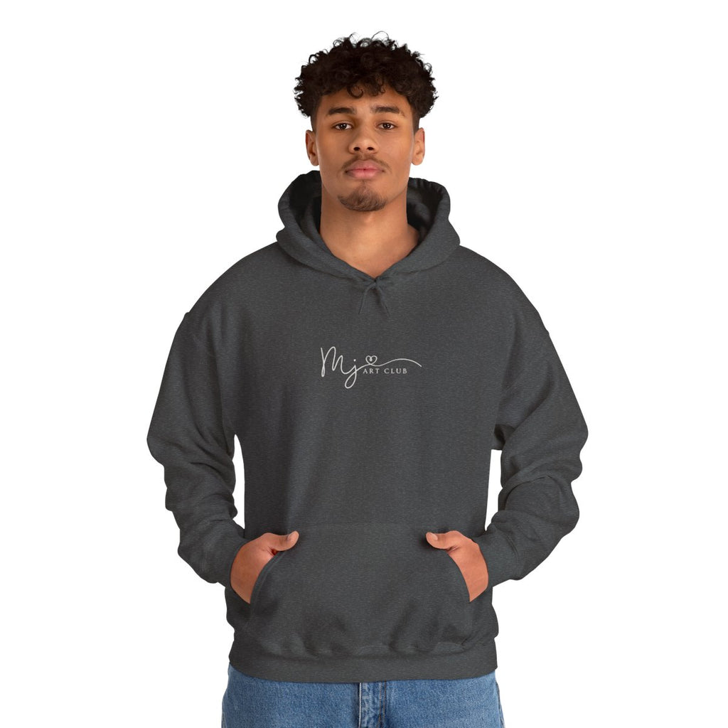 Person wearing a dark gray hoodie with 'MJ ART CLUB' text on a white background