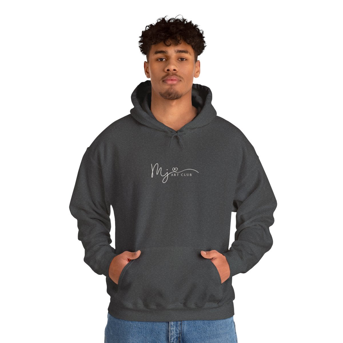 Person wearing a dark gray hoodie with 'MJ ART CLUB' text on a white background