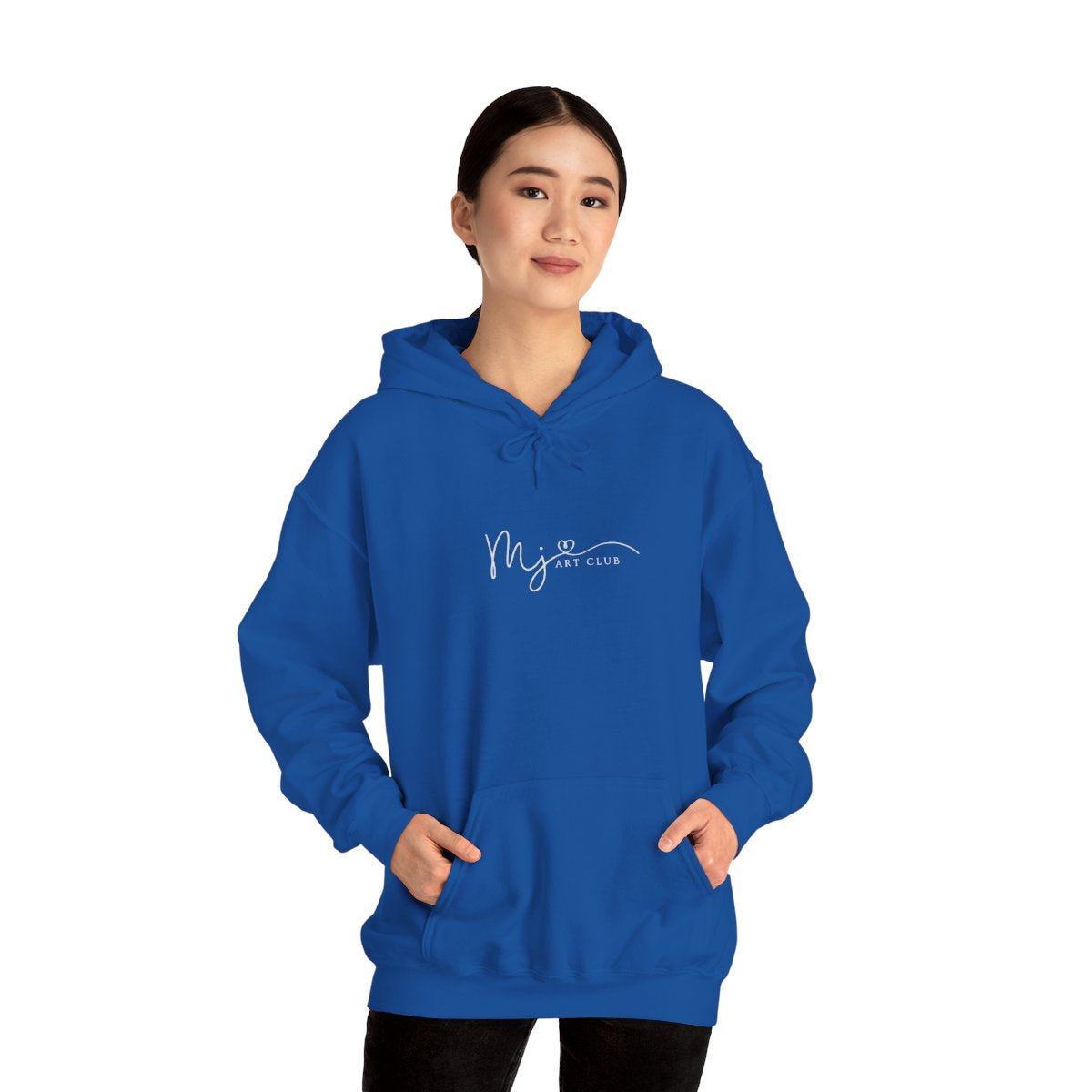 Person wearing a blue hoodie with a white logo on a white background