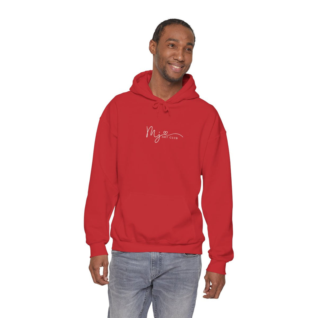 Man wearing a red hoodie with a logo on a white background