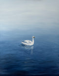Painting of a white swan floating on a blue lake