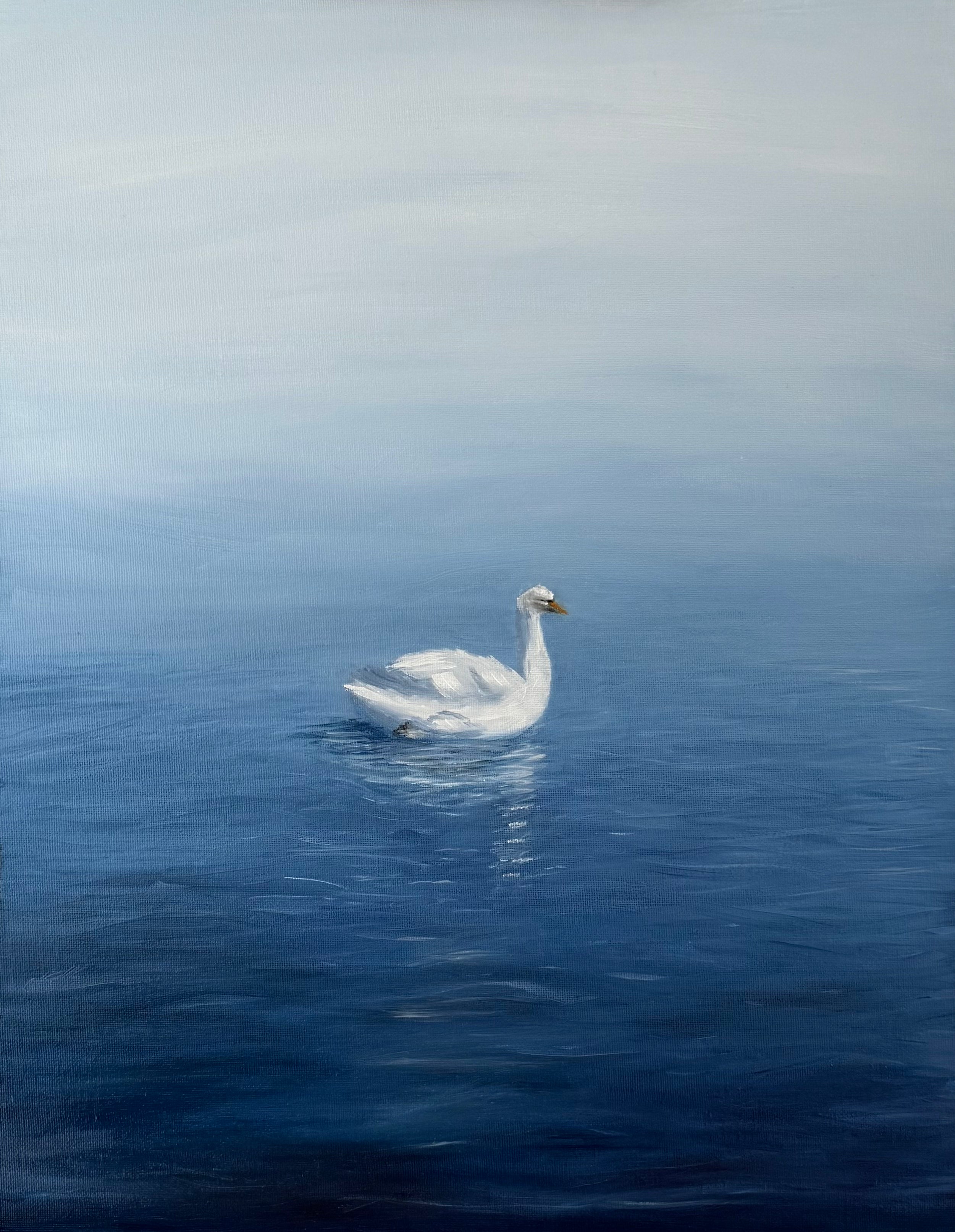 Painting of a white swan floating on a blue lake