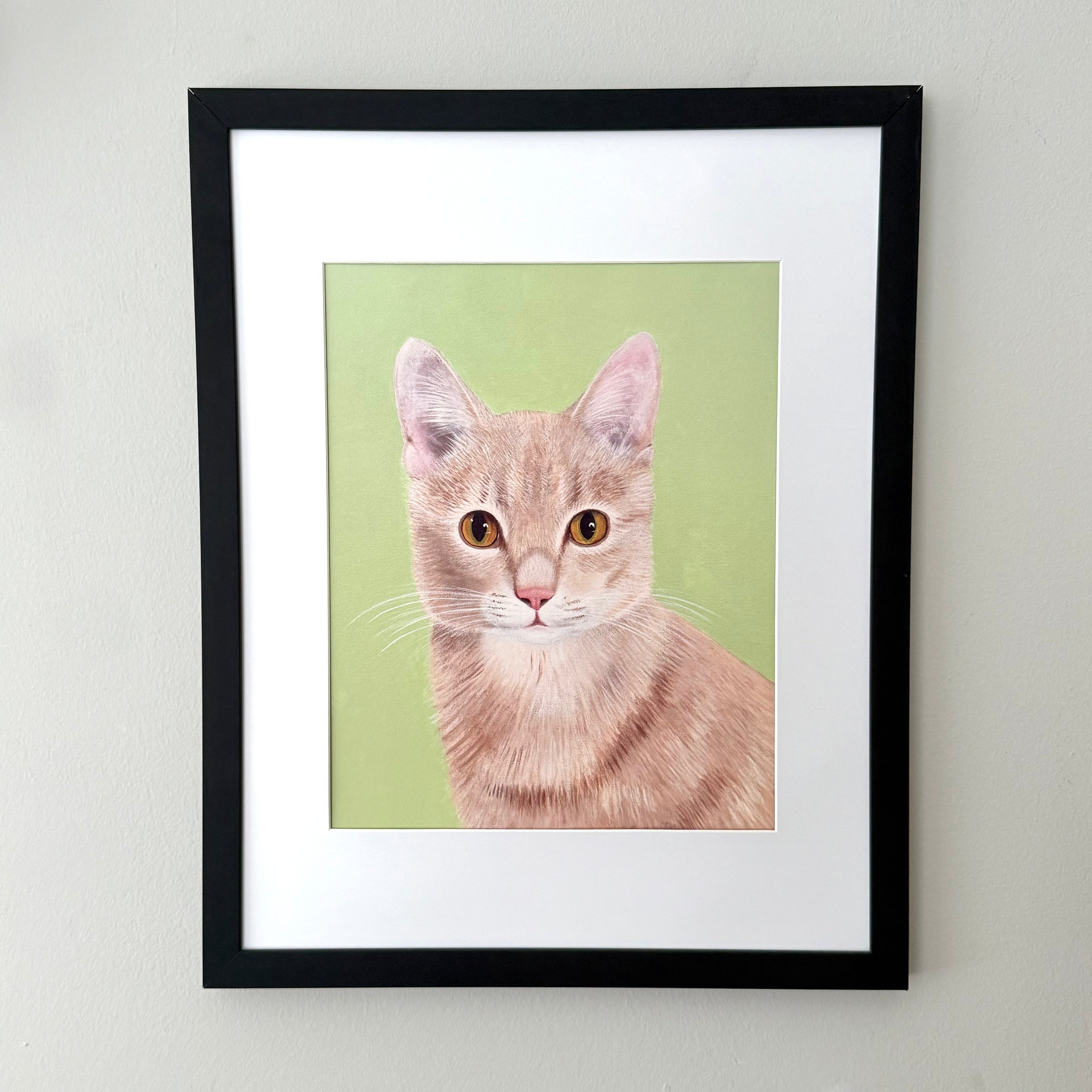 A framed custom pet portrait featuring a detailed drawing of an orange tabby cat on a light green background, enclosed in a white mat and a black frame, mounted on a light gray wall.