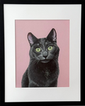 A framed art print featuring a black cat with green eyes on a pink background, mounted in a black frame with a white mat on a light gray wall.