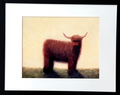 A framed art print featuring a brown Highland cow illustration on a cream background, set in a black frame with a white mat against a light gray wall.