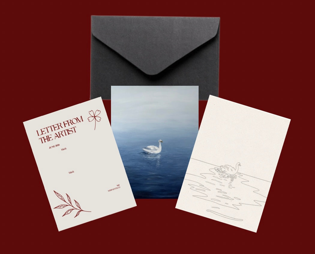 Set of 5x7 cards with swan designs, a letter, and a black envelope on a red background 