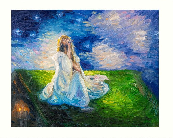 An art print featuring an impressionistic painting of a woman in a flowing white dress kneeling on a green field under a starry blue and purple night sky, displayed on a textured beige wall.